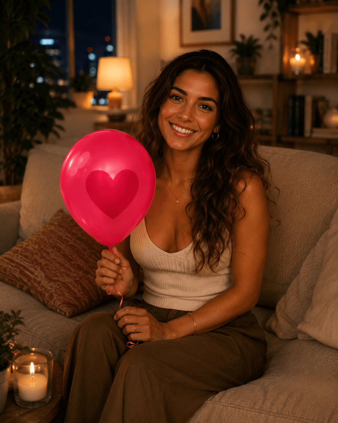 Group of friends sitting together holding pink heart balloons