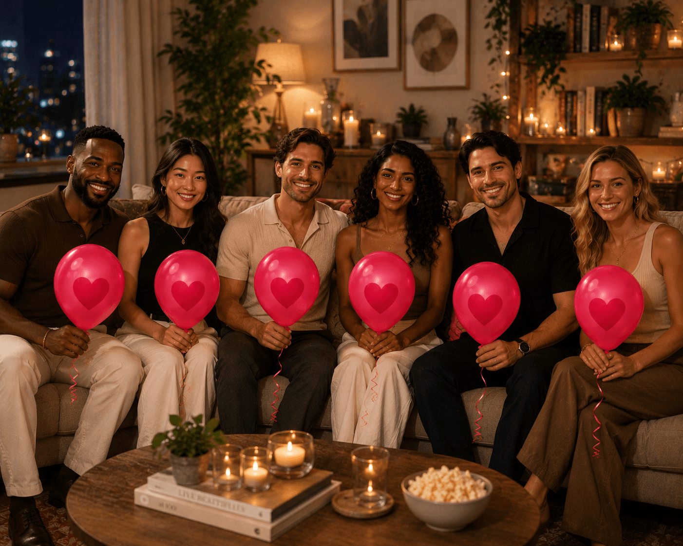 Group of couples standing together with heart balloons