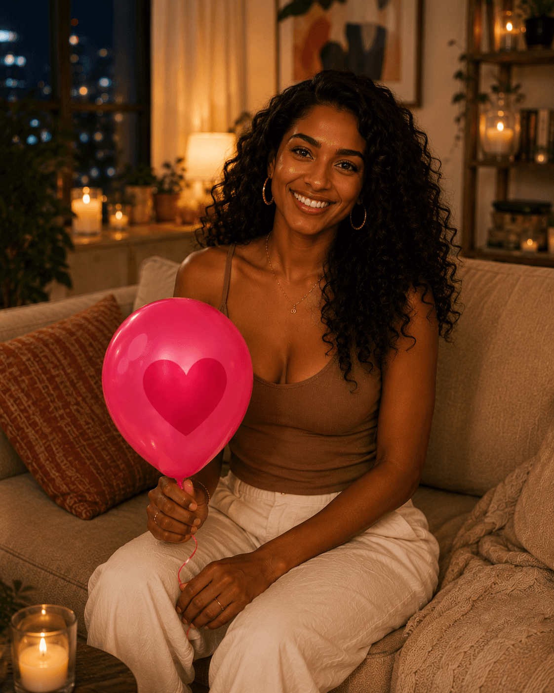 Woman sitting on a couch holding a pink heart balloon
