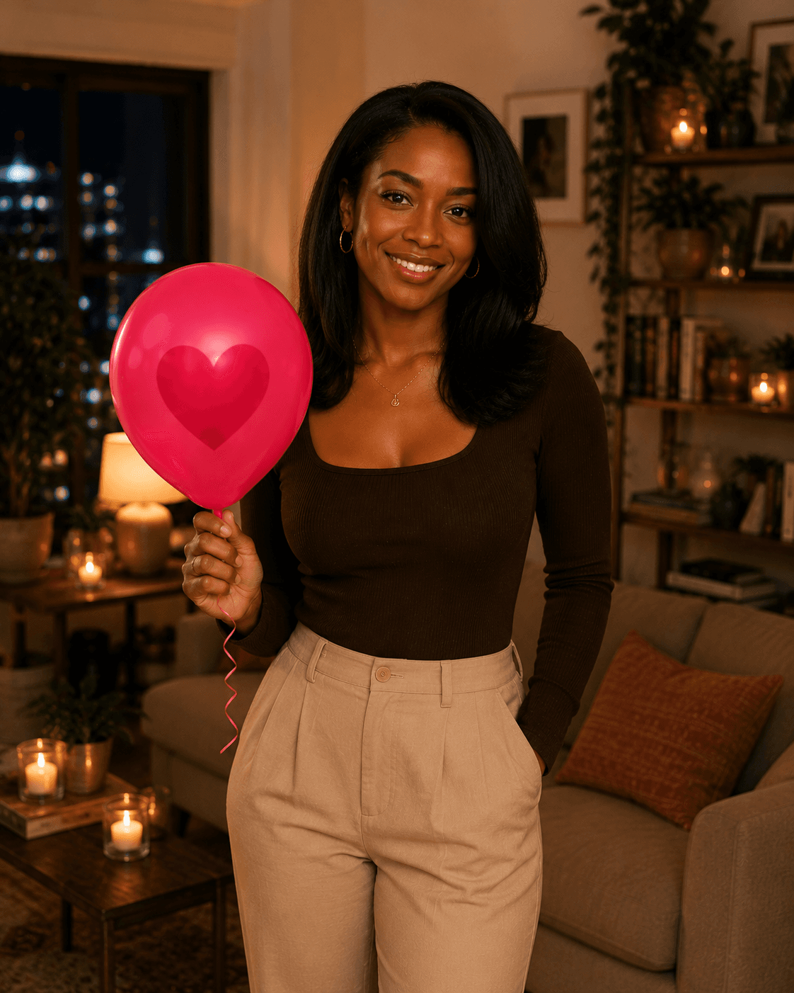 Woman standing holding a pink heart balloon